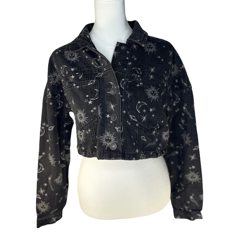 Celestial Print Stoosh Vintage Denim Cropped Jacket Size Small